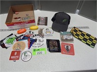 Beer stickers, coasters, key chains, Mt. Dew hat a
