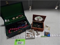 Jewelry boxes with assorted costume jewelry; tie c