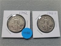 2 Walking Liberty half dollars; 1942, 1942d. Buyer