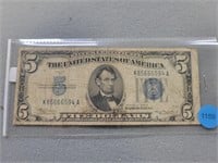 1934 A Five Dollar Silver Certificate; blue seal.