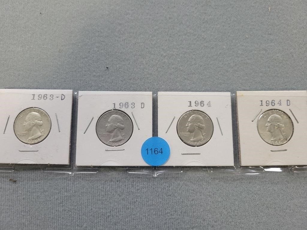 4 Washington quarters; 2- 1963d, 1964, 1964d.  Buy