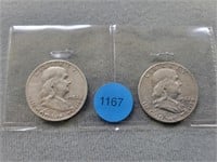 2 Benjamin Franklin half dollars; 1954d, 1962d. Bu