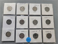 12 Jefferson silver WWII nickels; 1942p-1943s.  Bu