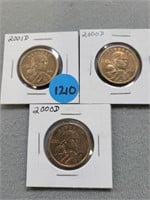 2- 2000d and 1- 2001d Sacagawea dollars. Buyer mus