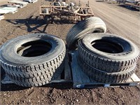 5 Semi truck tires; 4 are new retreads; size: 11R2