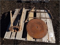 Antique cart; 23" saw blade and a cross cut saw