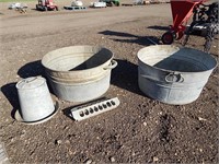 2 Galvanized wash tubs and 2 chicken feeders