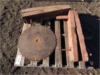 23" Circular saw blade and 2 antique wood clamps