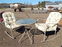 2 Rocking chairs with cushions and 26" patio tabl