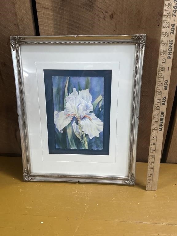 Iris watercolor in ornate frame 22 x 18