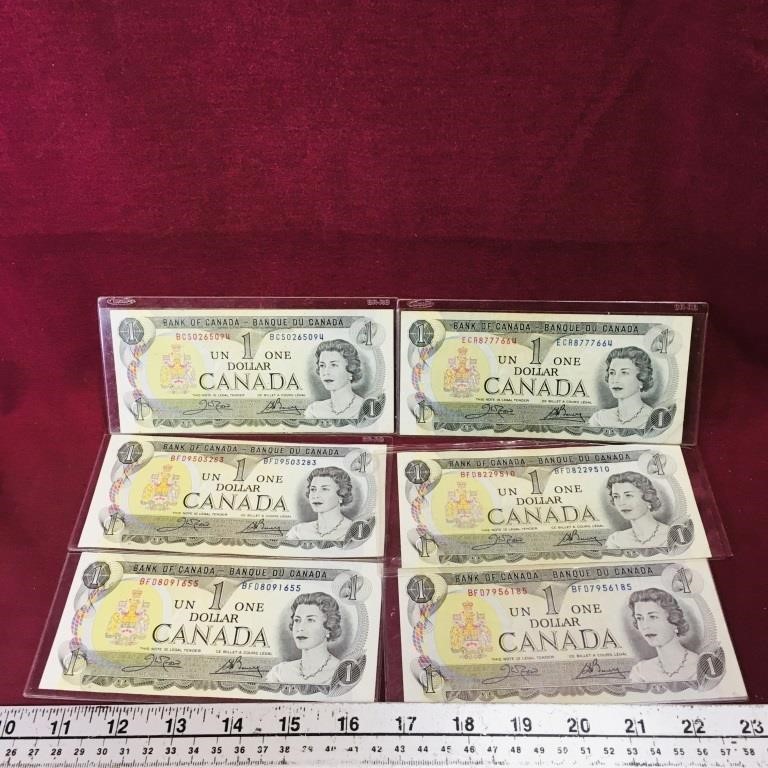 Lot Of 6 1973 Canada $1 Banknote Paper Money Bills