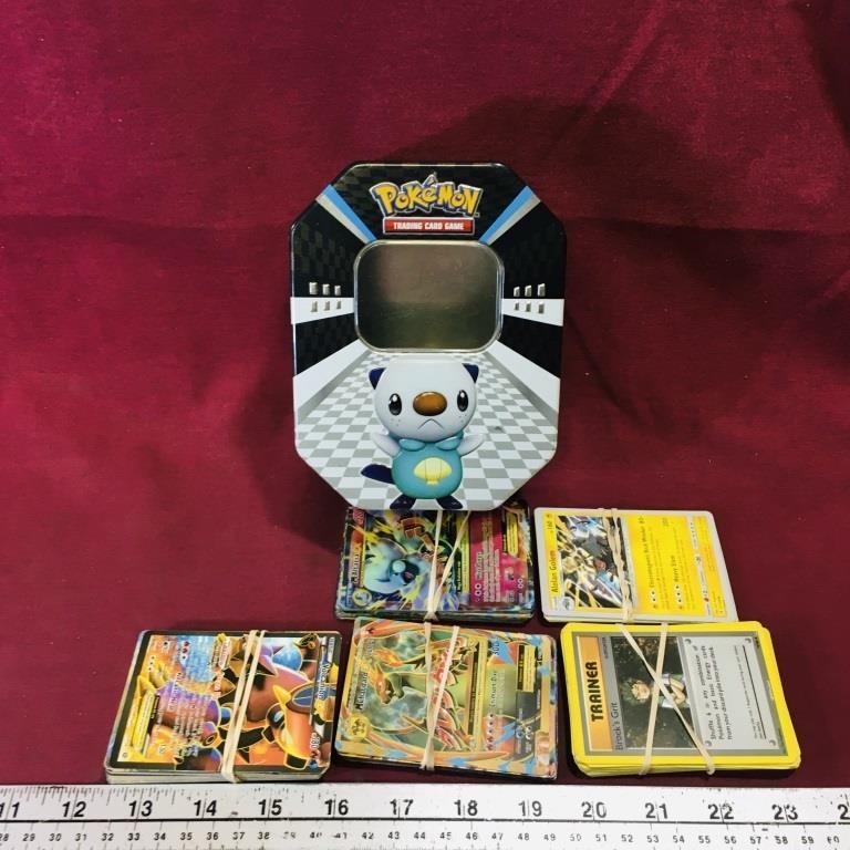 Large Lot Of Pokemon Trading Cards & Tin