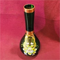 Hand Decorated Green Glass Flower Vase (Vintage)