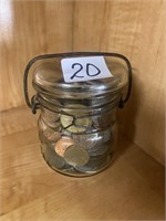 Ball jar w/lid -Full of Foreign Coins, tokens, etc