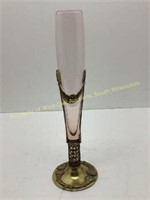 Vtg pink 10' bud vase w/ filigree holder