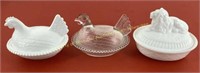 * (3) Two Hens on Covered Dish and a Milk Glass
