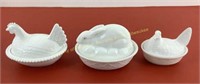 * (3) Two Milk Glass Hens on Covered dish  and