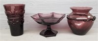(2) Purple Glass Vases & (1) Candy Dish