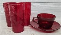 (3) Ruby Red Cups & (1) Teacup and (1) Plate
