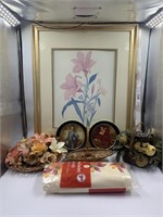 Assorted decorative items.  Framed floral print