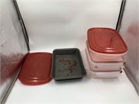 Plastic storage containers, lids and baking pan