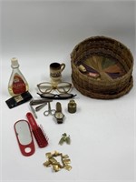 Vintage sewing basket with contents, wooden
