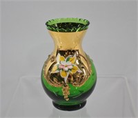Vtg Bohemian Gold & Enamel Glass Vase 3.5"