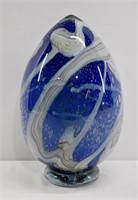 Large Stunning Blue Swirl  Art Glass Egg - 13"h