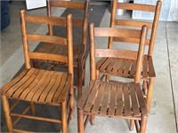 4 vintage oak slat bottom chairs, one has damage