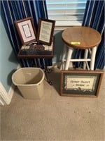 Stool, plant stand & pictures