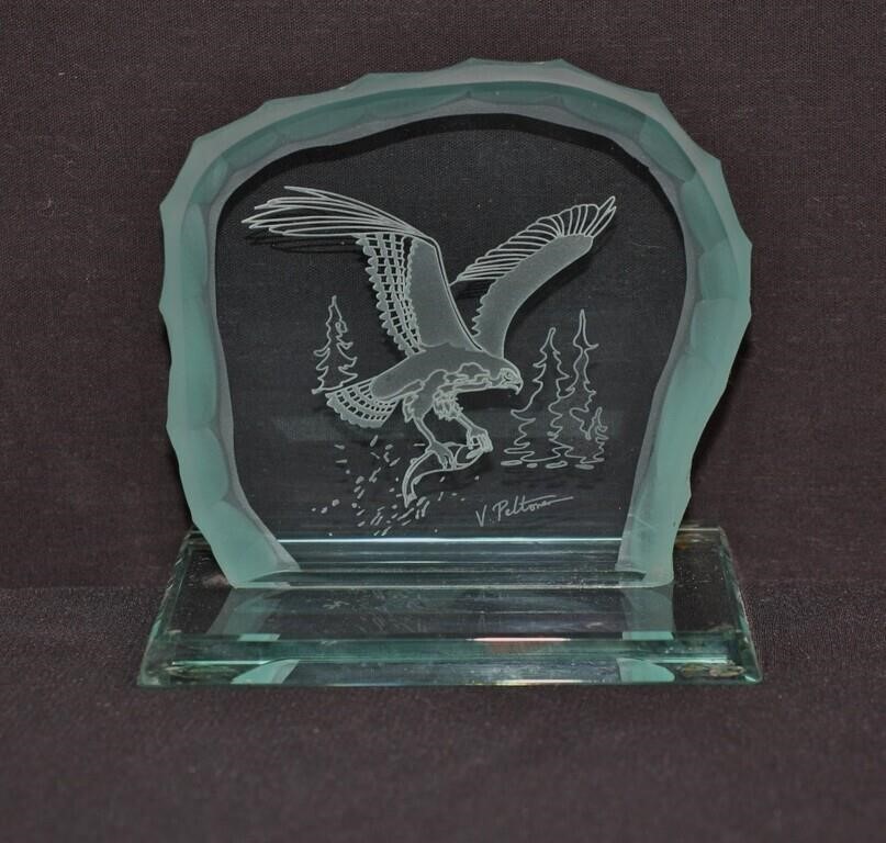 V. Peltonen Glass Carved Eagle Paper Weight Signed