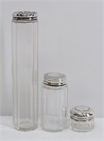 3pc Sterling Silver & Glass Dresser Jars