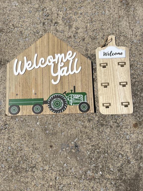2 wooden signs- welcome y’all with tractor and