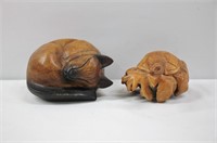 2pc Wooden Carved Cat & Turtle Figures