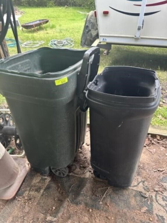 2 trash cans, hoses, reel