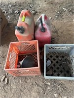 2 gas jugs, funnel and 2 crates