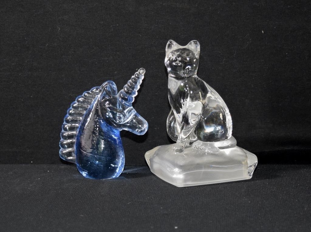 2pc Glass Unicorn & Cat Paperweights 4" - 5"