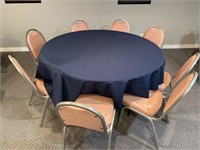 60 In. Round Folding Table, 8 Chairs & Linens