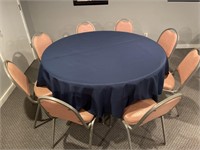 60 In. Round Folding Table, 8 Chairs & Linens