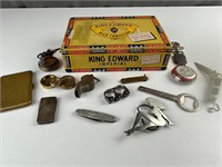 Cigar box of metal misc buckle knuckles more