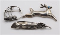 3pc Silver Brooches, a jumping deer w/turquoise
