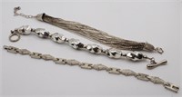 3 Modern Silver Bracelets, a multi strand, a