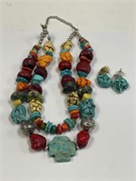 MIXED MEDIA TURQUOISE & RED CORAL NECKLACE & ER