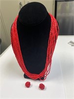 RED SEED BEAD NECKLACE & EARRINGS SET