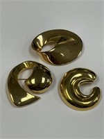 SIGNED LOT OF 3 GOLD TONE COSTUME JEWELRY PINS