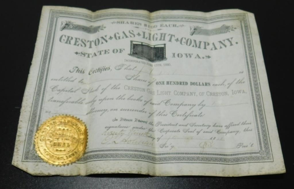1880's 100 Dollar Share of Creston Gas Light Co.