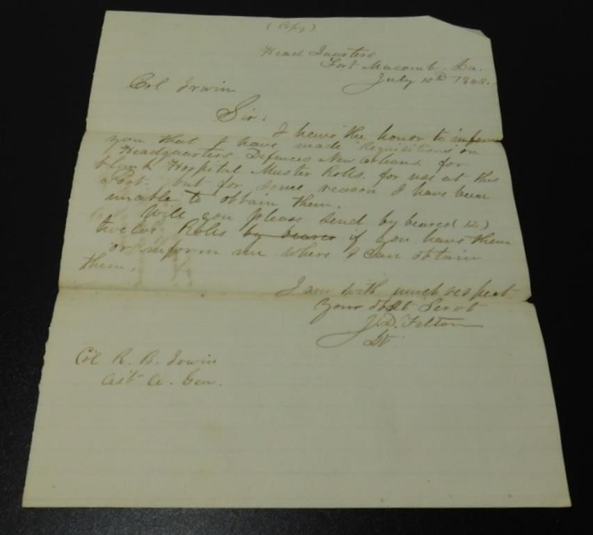 Very Rare Civil War Letter - Fort MaComb, LA,