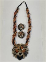 LEE SANDS INLAID LION NECKLACE & EARRINGS SET
