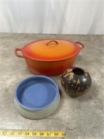 Pottery bowl and vase, Descoware oval metal Dutch