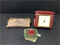 Vtg nail set, old Lucky cig pack & travel clock